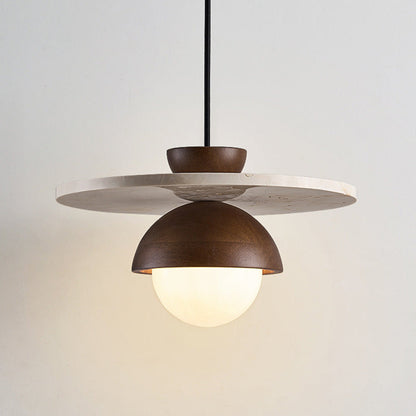 Traditional Japanese Travertine Glass Ball Shade Solid Wood 1-Light Pendant Light For Living Room