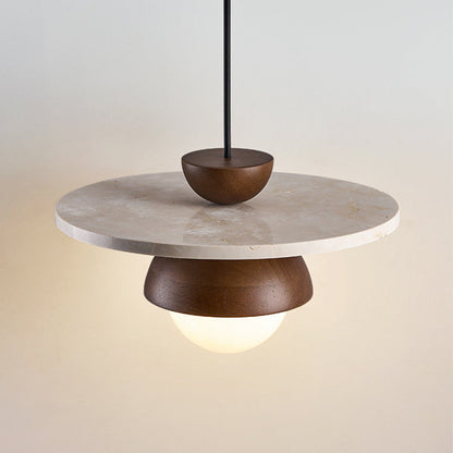 Traditional Japanese Travertine Glass Ball Shade Solid Wood 1-Light Pendant Light For Living Room