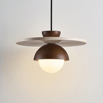 Traditional Japanese Travertine Glass Ball Shade Solid Wood 1-Light Pendant Light For Living Room