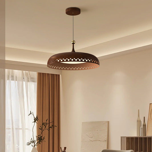 Modern Transitional Iron Faux Woodgrain Acrylic Round LED Pendant Light For Bedroom