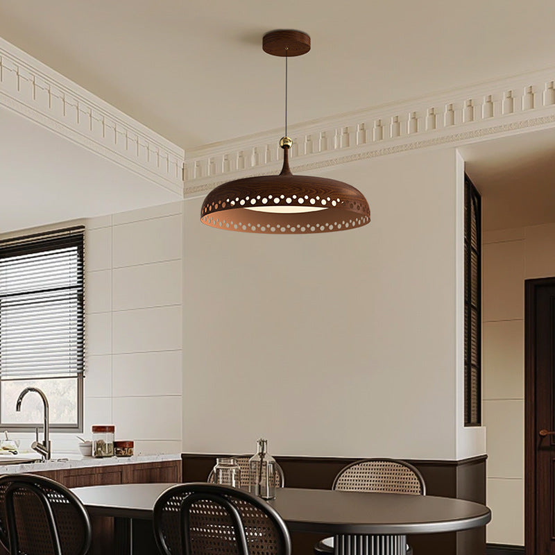 Modern Transitional Iron Faux Woodgrain Acrylic Round LED Pendant Light For Bedroom