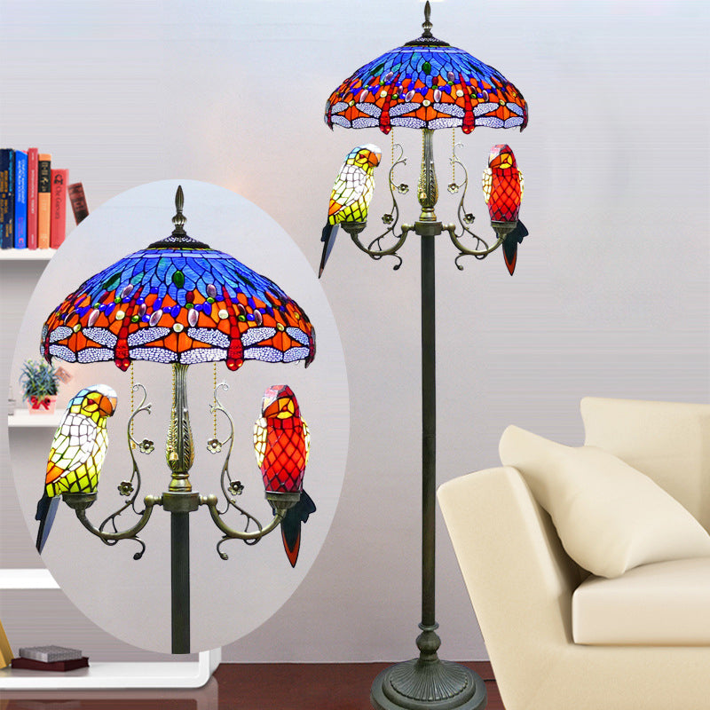 Traditional Vintage Round Iron Stained Glass 5-Light Standing Floor Lamp For Bedroom