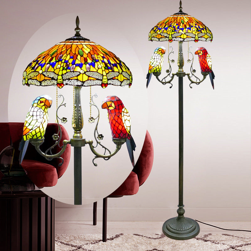 Traditional Vintage Round Iron Stained Glass 5-Light Standing Floor Lamp For Bedroom