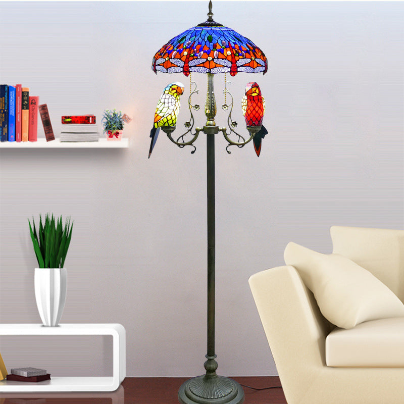 Traditional Vintage Round Iron Stained Glass 5-Light Standing Floor Lamp For Bedroom