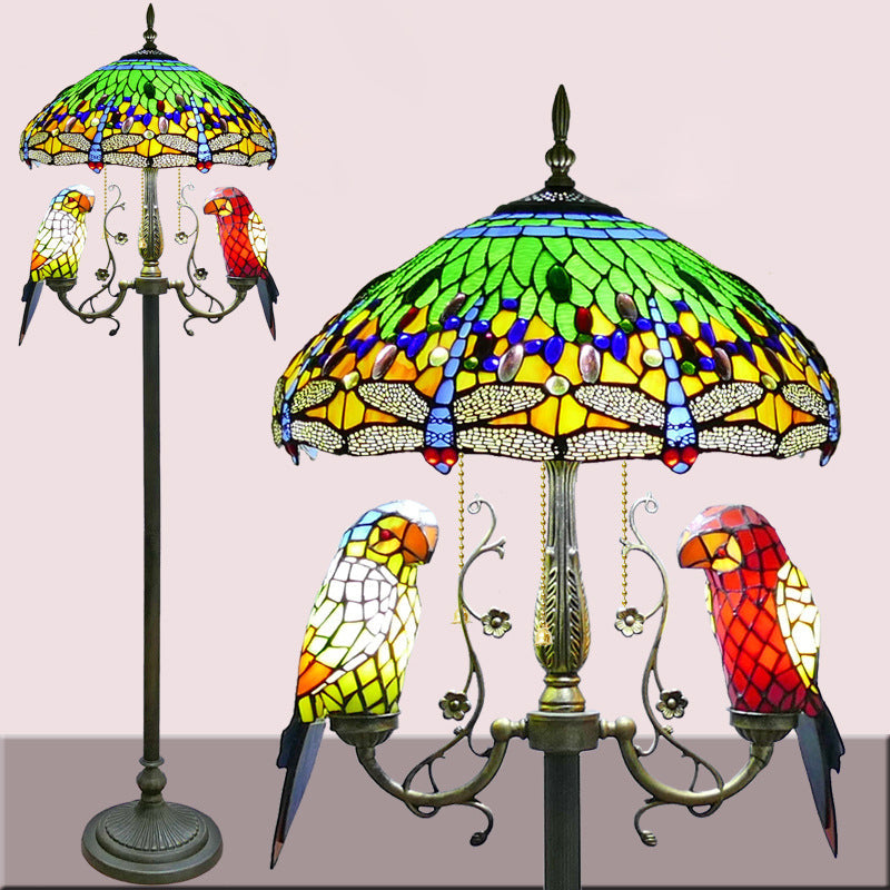 Traditional Vintage Round Iron Stained Glass 5-Light Standing Floor Lamp For Bedroom