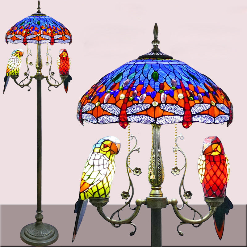 Traditional Vintage Round Iron Stained Glass 5-Light Standing Floor Lamp For Bedroom