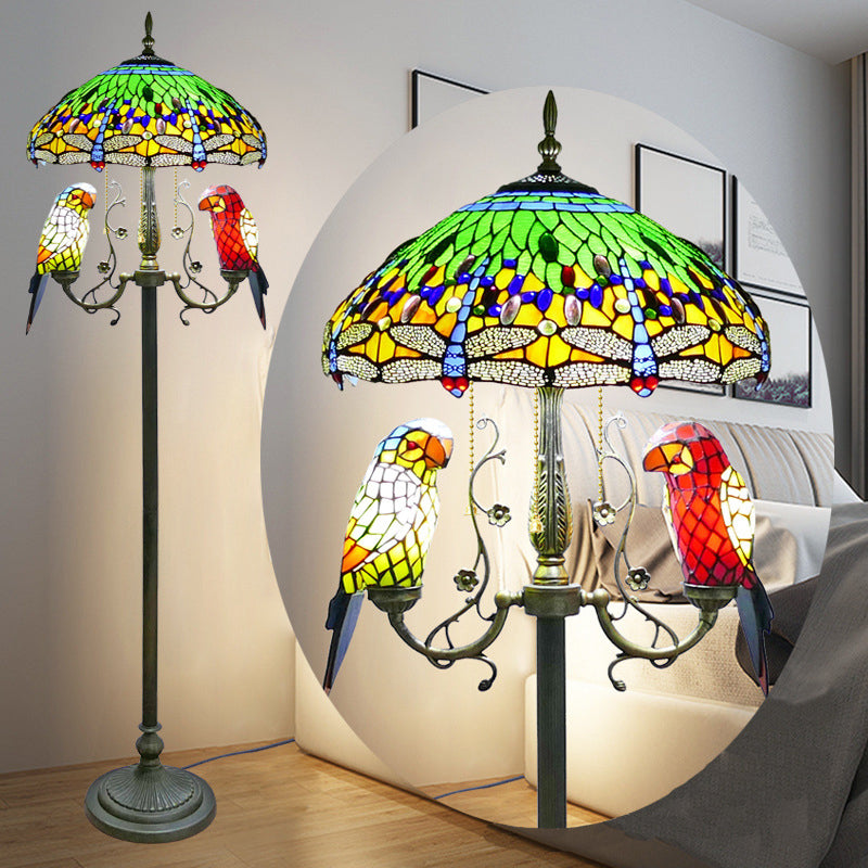 Traditional Vintage Round Iron Stained Glass 5-Light Standing Floor Lamp For Bedroom