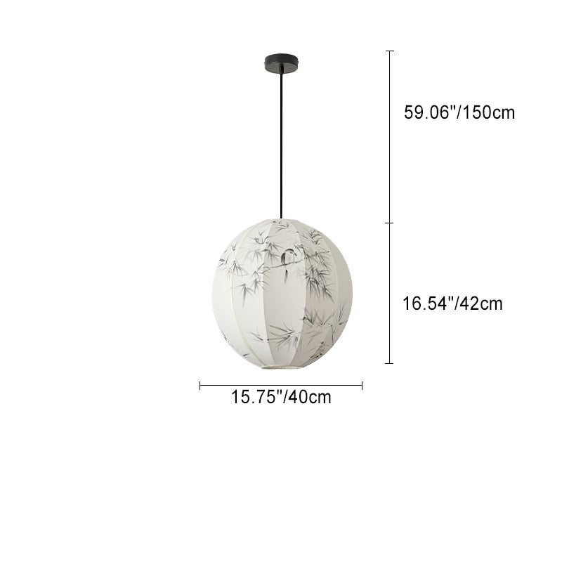 Traditional Japanese Round Globe Metal Fabric 1-Light Pendant Light For Living Room