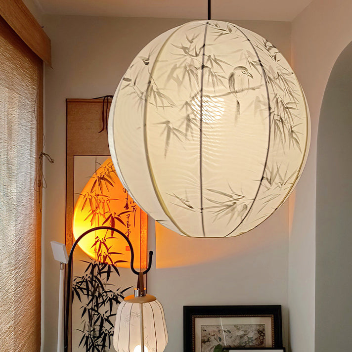 Traditional Japanese Round Globe Metal Fabric 1-Light Pendant Light For Living Room