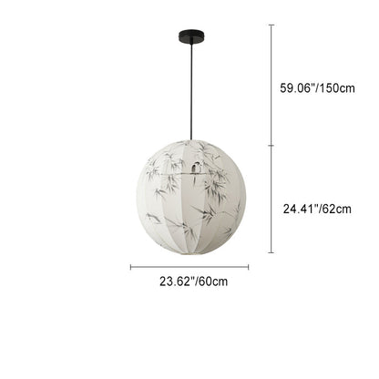 Traditional Japanese Round Globe Metal Fabric 1-Light Pendant Light For Living Room