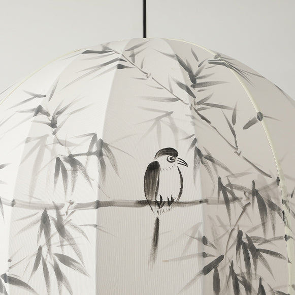 Traditional Japanese Round Globe Metal Fabric 1-Light Pendant Light For Living Room