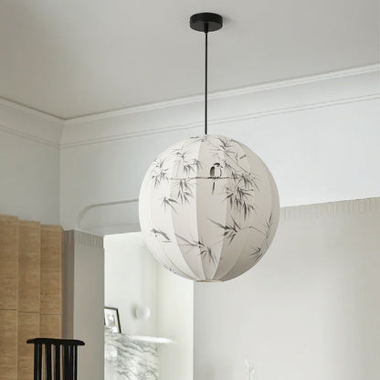 Traditional Japanese Round Globe Metal Fabric 1-Light Pendant Light For Living Room