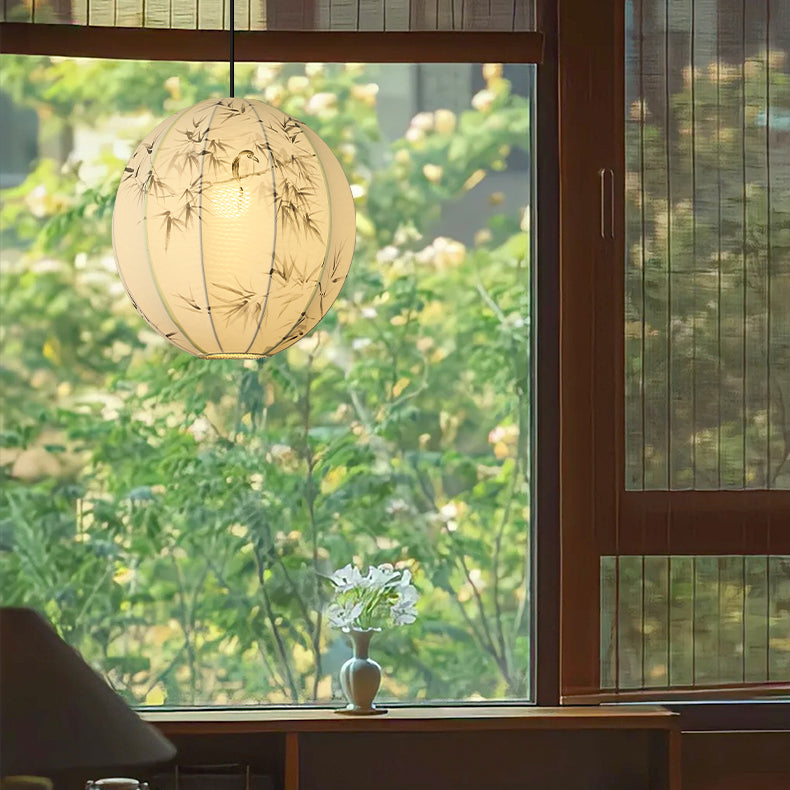 Traditional Japanese Round Globe Metal Fabric 1-Light Pendant Light For Living Room