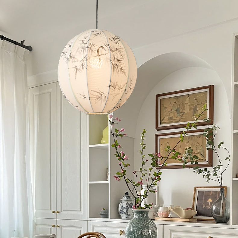 Traditional Japanese Round Globe Metal Fabric 1-Light Pendant Light For Living Room