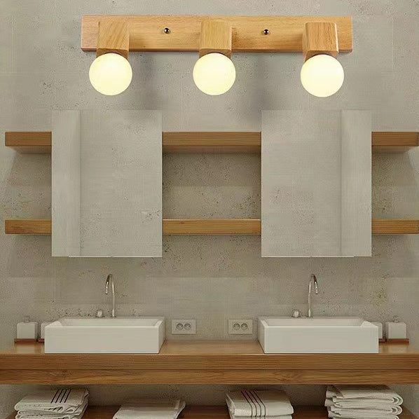Modern Minimalist Round Ball Rectangle Linear Wood 1/2/3/4 Light Wall Sconce Lamp For Bathroom