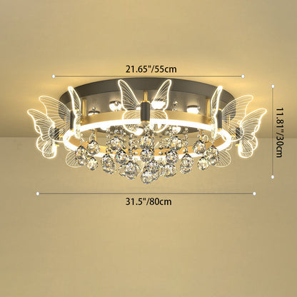 Modern Luxury Flower Butterfly Round Dome Crystal Metal Acrylic LED Flush Mount Ceiling Light For Bedroom