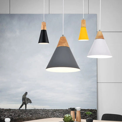 Contemporary Scandinavian Macaron Cone Round Aluminum Wood 1-Light Pendant Light For Bedroom