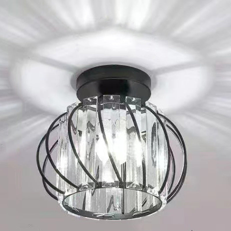 Modern Minimalist Hollowed Out Round Dome Iron Crystal 1-Light Semi-Flush Mount Ceiling Light For Bedroom