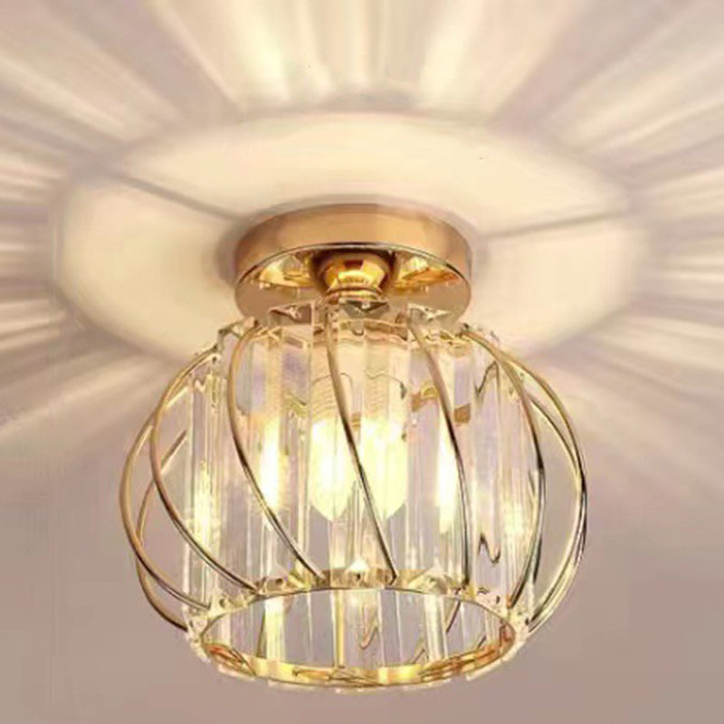 Modern Minimalist Hollowed Out Round Dome Iron Crystal 1-Light Semi-Flush Mount Ceiling Light For Bedroom