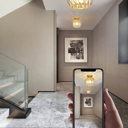 Modern Minimalist Hollowed Out Round Dome Iron Crystal 1-Light Semi-Flush Mount Ceiling Light For Bedroom