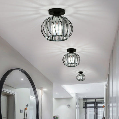 Modern Minimalist Hollowed Out Round Dome Iron Crystal 1-Light Semi-Flush Mount Ceiling Light For Bedroom