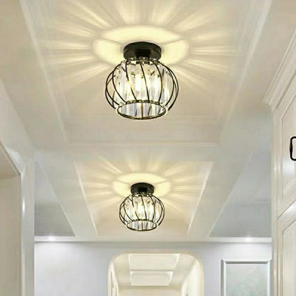 Modern Minimalist Hollowed Out Round Dome Iron Crystal 1-Light Semi-Flush Mount Ceiling Light For Bedroom