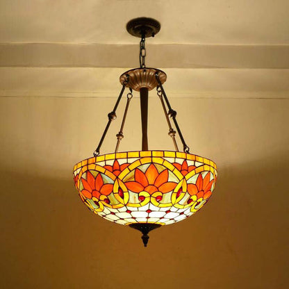 Traditional Tiffany Flower Round Basin Shape Metal Stained Glass 5-Light Pendant Light For Bedroom
