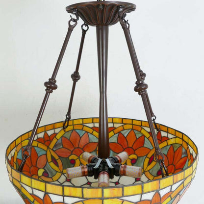 Traditional Tiffany Flower Round Basin Shape Metal Stained Glass 5-Light Pendant Light For Bedroom