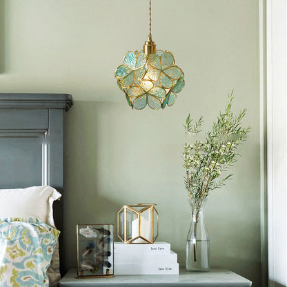 Contemporary Scandinavian Petal Round Globe Copper Glass 1-Light Pendant Light For Bedroom