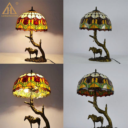 Traditional Tiffany Round Cone Umbrella Iron Stained Glass 2-Light Table Lamp For Bedroom