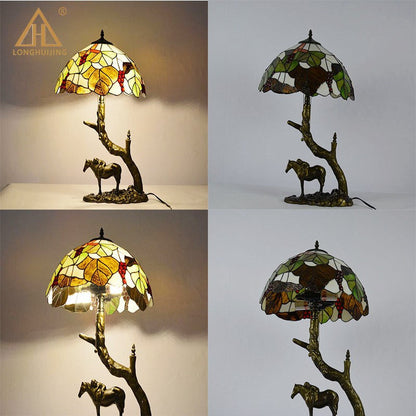 Traditional Tiffany Round Cone Umbrella Iron Stained Glass 2-Light Table Lamp For Bedroom