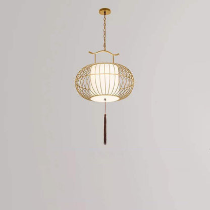 Traditional Vintage Birdcage Round Oval Metal Fabric 1-Light Pendant Light For Dining Room