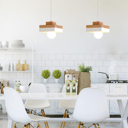 Modern Minimalist Round Square Iron Wood 1-Light Pendant Light For Bedroom