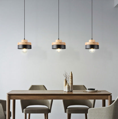Modern Minimalist Round Square Iron Wood 1-Light Pendant Light For Bedroom
