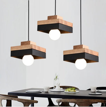 Modern Minimalist Round Square Iron Wood 1-Light Pendant Light For Bedroom