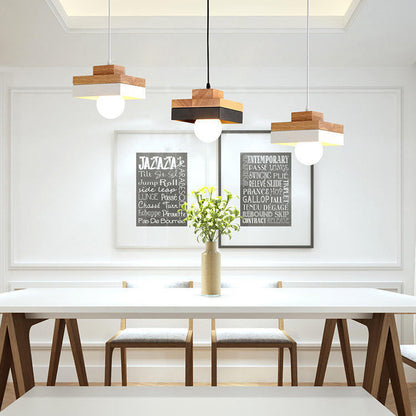 Modern Minimalist Round Square Iron Wood 1-Light Pendant Light For Bedroom