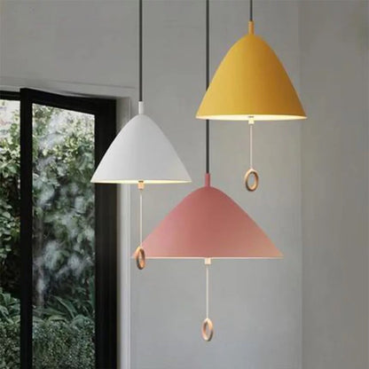 Contemporary Scandinavian Macaron Pull Line Conical Round Aluminum 2/3 Light Pendant Light For Bedroom