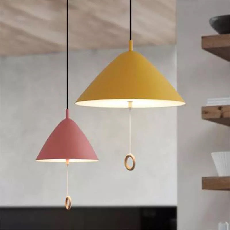 Contemporary Scandinavian Macaron Pull Line Conical Round Aluminum 2/3 Light Pendant Light For Bedroom