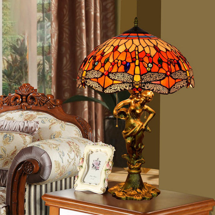 Traditional Tiffany Dragonfly Conical Copper Alloy Stained Glass 3-Light Table Lamp For Bedroom