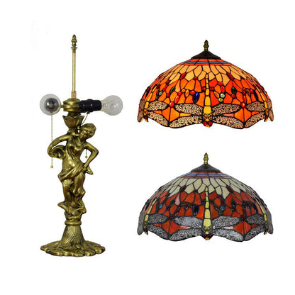 Traditional Tiffany Dragonfly Conical Copper Alloy Stained Glass 3-Light Table Lamp For Bedroom