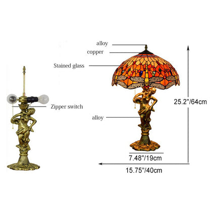 Traditional Tiffany Dragonfly Conical Copper Alloy Stained Glass 3-Light Table Lamp For Bedroom