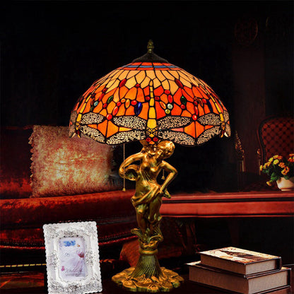 Traditional Tiffany Dragonfly Conical Copper Alloy Stained Glass 3-Light Table Lamp For Bedroom