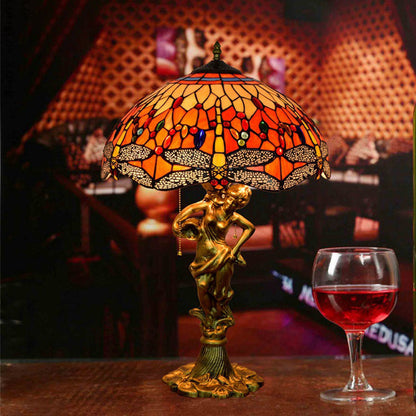 Traditional Tiffany Dragonfly Conical Copper Alloy Stained Glass 3-Light Table Lamp For Bedroom
