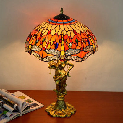 Traditional Tiffany Dragonfly Conical Copper Alloy Stained Glass 3-Light Table Lamp For Bedroom