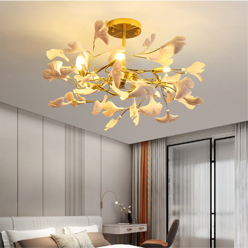 Traditional French Ginkgo Leaf Round Iron Plastic Porcelain 6/8/12 Light Semi-Flush Mount Ceiling Light For Bedroom