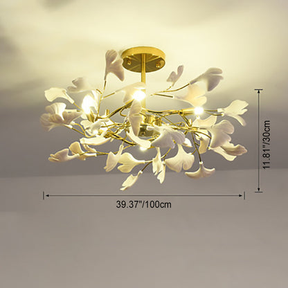 Traditional French Ginkgo Leaf Round Iron Plastic Porcelain 6/8/12 Light Semi-Flush Mount Ceiling Light For Bedroom