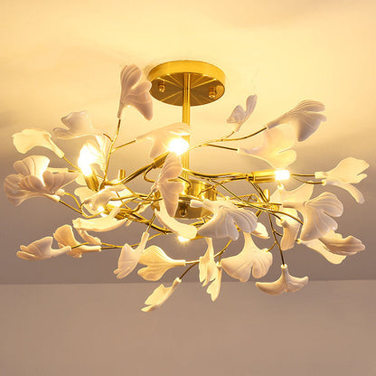 Traditional French Ginkgo Leaf Round Iron Plastic Porcelain 6/8/12 Light Semi-Flush Mount Ceiling Light For Bedroom