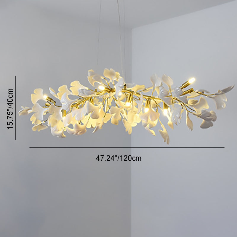 Traditional French Ginkgo Leaf Dome Rectangle Top Round Linear Iron Ceramic 6/8/10/12 Light Chandelier For Bedroom