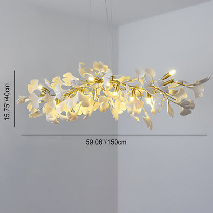 Traditional French Ginkgo Leaf Dome Rectangle Top Round Linear Iron Ceramic 6/8/10/12 Light Chandelier For Bedroom