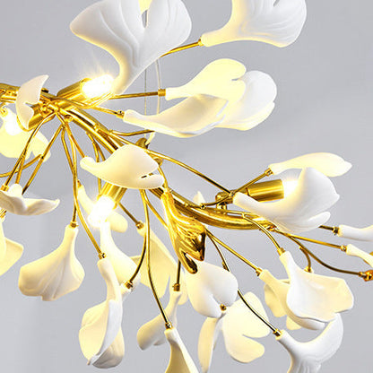 Traditional French Ginkgo Leaf Dome Rectangle Top Round Linear Iron Ceramic 6/8/10/12 Light Chandelier For Bedroom